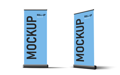 Roll up Realistic 3D vertical banner stand template design.