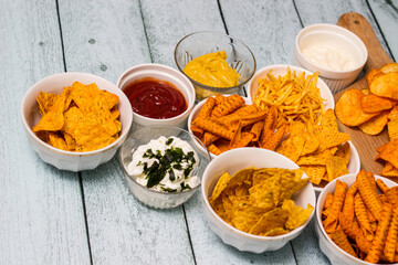 Spicy tortilla chips and sauces