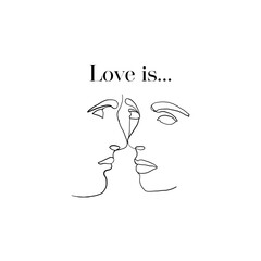 Love is...poster. One Line Art Couple, Line Art Men and woman, Minimal Face Vector. Couple print, Kiss print, Valentines Day Illustration. Love poster. 2 faces. We are one line. - 553967709