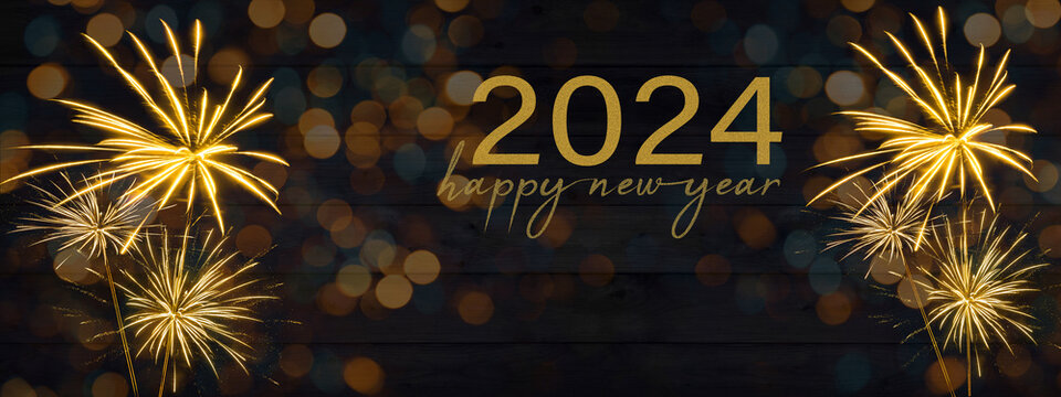 Sylvester, New Year's Eve, Happy new Year 2024 Party, Firework celebration background banner - Golden fireworks and bokeh lights on black wooden wall texture in the night