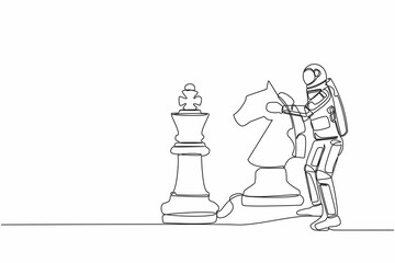 Single continuous line drawing young astronaut holding horse knight chess piece to beat king chess. Space business victory step. Cosmonaut deep space. One line draw graphic design vector illustration