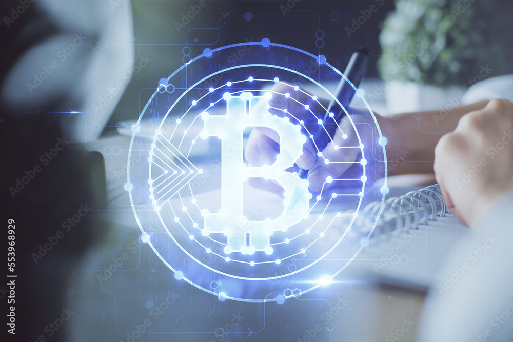 Poster cryptocurrency hologram, bitcoin, ico theme over hands taking notes background. concept of blockchai