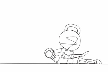 Single one line drawing young astronaut under heavy kettlebell burden. Debt explosion in spaceship company. Technology development. Cosmic galaxy space. Continuous line draw design vector illustration