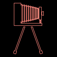 Neon retro camera on tripod Vintage analog film camera Old photo camera red color vector illustration image flat style