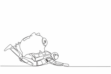 Single one line drawing young astronaut under heavy piggy bank burden in moon surface. Broke and financial problems in space industry. Cosmic galaxy space. Continuous line design vector illustration © Simple Line