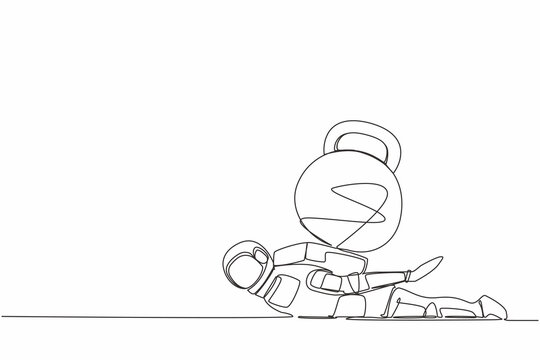 recommend clip art: Single one line drawing young astronaut under heavy kettlebell burden. Debt explosion in spaceship company. Technology development. Cosmic galaxy space. Continuous line draw design vector illustration