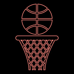 Neon basketball basket and ball Hoop net and ball red color vector illustration image flat style