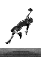 Monochrome portrait of professional american football player in sports uniform and protective helmet in motion isolated over white background.