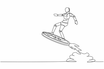 Single one line drawing robot riding dollar coin rocket flying in the sky. Tech business opportunity. Modern robotic artificial intelligence technology. Continuous line draw design vector illustration