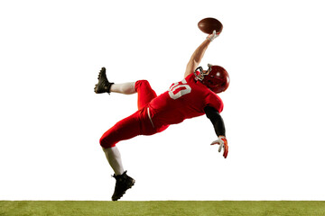 Fototapeta na wymiar Professional american football player in sports uniform and protective helmet in action isolated over white background. Sport, team, competition, bowl