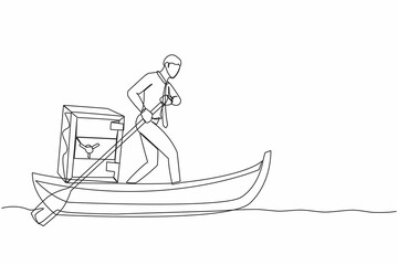 Continuous one line drawing businessman sailing away on boat with safe metal deposit box. Unexpected financial opportunities, credit, bank deposit protection. Single line design vector illustration