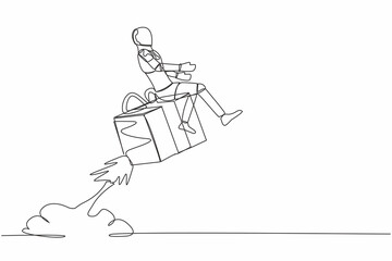 Single continuous line drawing robot riding gift box rocket flying in sky. Fast shipping or delivery. Future technology development. Artificial intelligence. One line draw design vector illustration