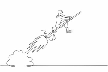 Single one line drawing Arab businesswoman riding broomstick rocket flying in sky. Successful business launch. Magical products in market competition. Continuous line draw design vector illustration