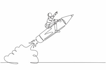 Fototapeta premium Single continuous line drawing robot riding pencil rocket flying in the sky. Tech education and creativity. Future technology development. Artificial intelligence. One line design vector illustration