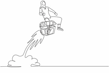 Single continuous line drawing Arab businesswoman riding treasure chest rocket flying in the sky. Searching hidden chest with gold, jewels with metal detector. One line draw design vector illustration