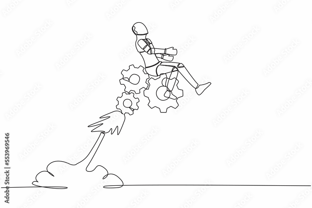 Poster single one line drawing robot riding gear rocket flying in the sky. problem solving with tech mechan