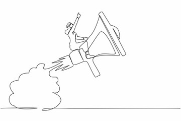 Single one line drawing Arabian businessman riding megaphone rocket flying in sky. Fast communication, business soft skill to communicate with customer. Continuous line draw design vector illustration