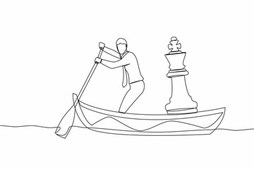 Continuous one line drawing businessman standing in boat and sailing with chess king piece. Tactic and strategy in trade war. Success winning competition. Single line draw design vector illustration