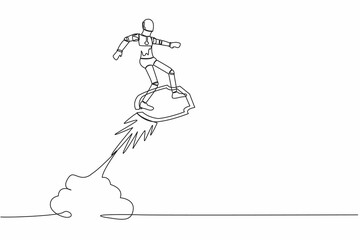 Continuous one line drawing of robot riding shield rocket flying in the sky. Tech business protection security. Humanoid robot cybernetic organism. Single line draw design vector graphic illustration