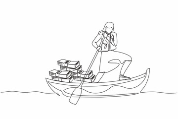 Single continuous line drawing businesswoman sailing away on boat with pile of banknote. Escape with money. Financial crime, tax evasion, money laundering. One line graphic design vector illustration