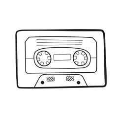Classic Tape Old Cassette Doodle Clip Art Concept Vector Design Outline Style On White Background Isolated Outline Music, Sound, Audio, Relax. Vector Illustration