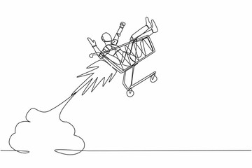 Single one line drawing robot riding shopping trolley rocket flying in the sky. Robotic artificial intelligence technology. Electronic technology industry. Continuous line design vector illustration