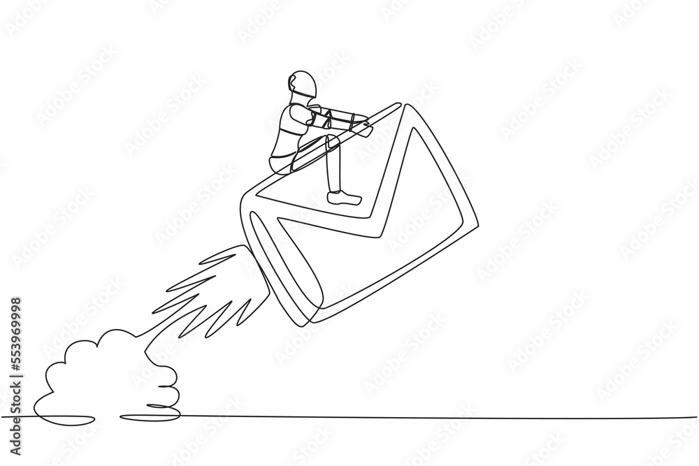 Poster single one line drawing robot riding paper envelope rocket flying in sky. launch digital message pro