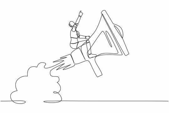 Continuous one line drawing of robot riding megaphone rocket flying in sky. Soft skill to communicate with team. Humanoid robot cybernetic organism. Single line draw design vector graphic illustration