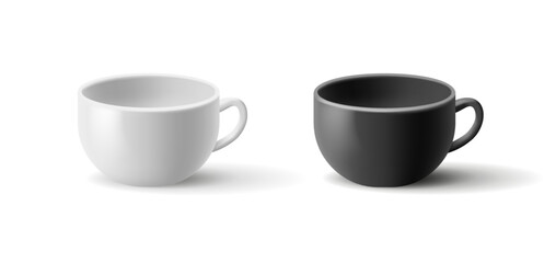 Realistic set of coffee and tea cups on white background.