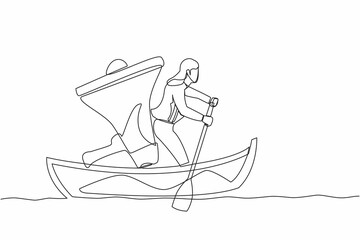 Single one line drawing businesswoman sailing away on boat with megaphone. Command leader, control through megaphone, leadership and teamwork. Continuous line draw design vector graphic illustration