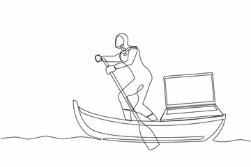 Continuous one line drawing Arab businesswoman standing in boat and sailing with laptop computer. Happy worker as a freelancer or creative manager. Remote work. Single line design vector illustration