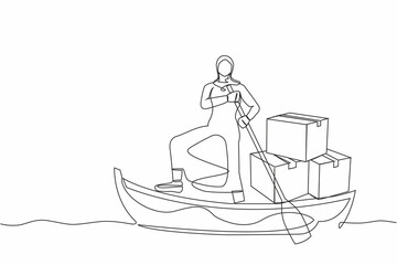 Single one line drawing Arab businesswoman standing in boat and sailing with pile of cardboard. Shipping through the ocean. Delivery and packaging. Continuous line design graphic vector illustration