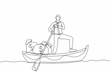 Continuous one line drawing of happy businessman standing in boat and sailing with money bag. Financial profit, successful management. Escape with money. Single line design vector graphic illustration