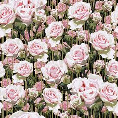 Floral vector seamless pattern. Many bright pink roses with green stem, dots and stripe on black background. Ornate template for design, card, wallpaper, festive banner.