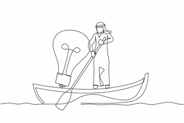 Continuous one line drawing Arab businessman sailing away on boat with light bulb. Success business idea, vision, and innovation for better company. Single line draw design vector graphic illustration