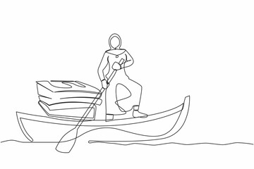 Continuous one line drawing Arabian businesswoman standing in boat and sailing with pile of papers. Manager escape from stack of document, paperwork, overworked. Single line design vector illustration