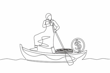 Fototapeta premium Single continuous line drawing Arab businesswoman standing in boat and sailing with stack of golden coin dollar. Successful investor entrepreneur. Gold investment. One line design vector illustration