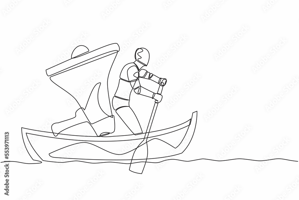 Poster one continuous line drawing genius robot standing in boat and sailing with super megaphone. humanoid