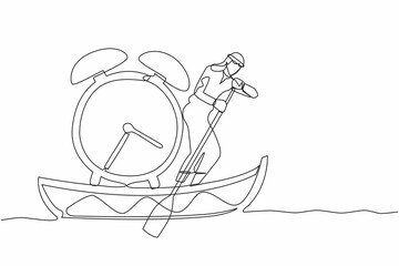 Continuous one line drawing Arab businessman sailing away on boat with alarm clock. Time management in business project deadline. Success business. Single line draw design vector graphic illustration