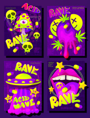 Modern collection of acid abstract posters in the style of Techno. Rave trip banners with psychedelic illustrations