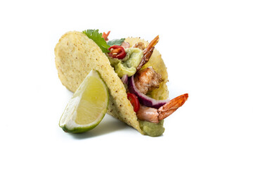 Mexican tacos with shrimp,guacamole and vegetables isolated on white background