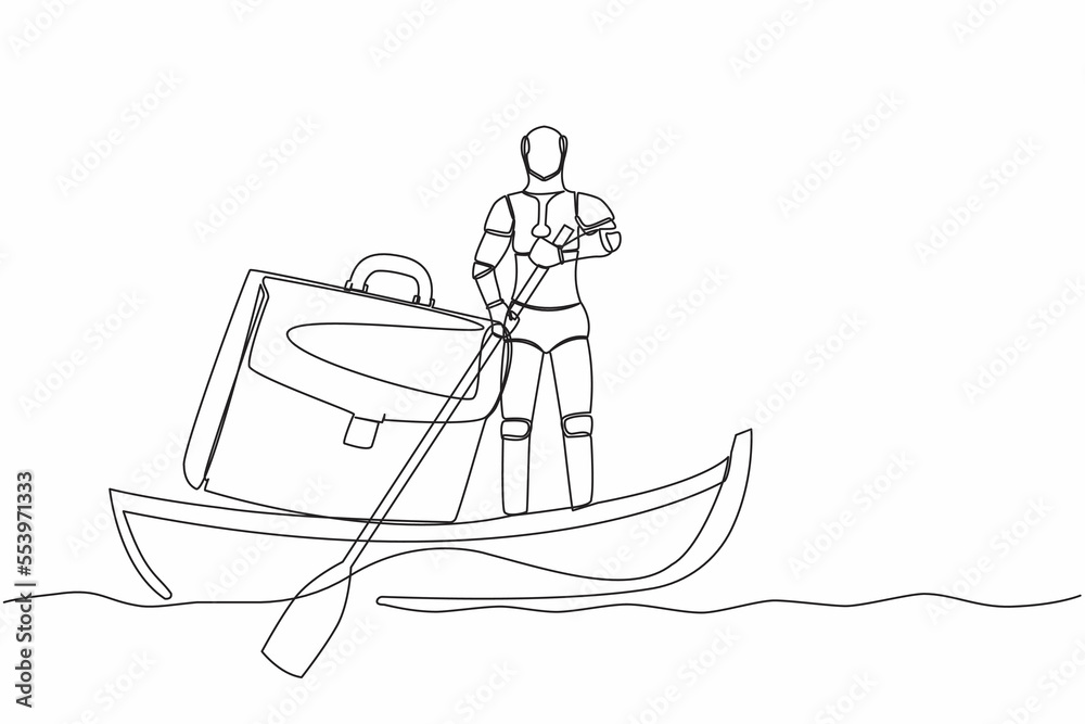 Poster single one line drawing of robot sailing away on boat with briefcase. take break from busy factory o
