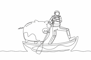 Single continuous line drawing astronaut sailing away on boat with piggy bank. Save money on the shuttle company due to crisis. Cosmonaut deep space concept. One line draw design vector illustration