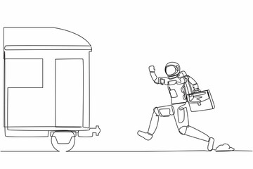 Continuous one line drawing of young astronaut run chasing train in moon surface. Transport system in space station. Cosmonaut outer space concept. Single line draw design vector graphic illustration