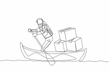 Continuous one line drawing astronaut sailing away on boat with pile of cardboard. Delivery of packages between planets in space. Cosmonaut outer space. Single line design vector graphic illustration