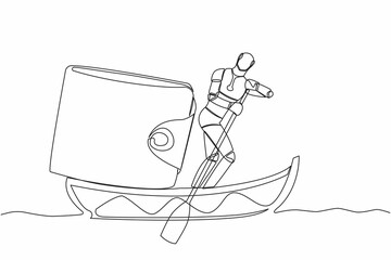 Single continuous line drawing robot sailing away on boat with purse. Money management in tech company. Future technology development. Artificial intelligence. One line draw design vector illustration