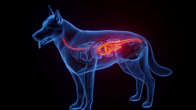 3D medical animation of a dog's digestive tract