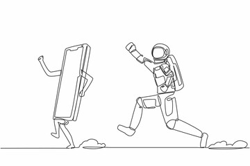 Continuous one line drawing of young astronaut run chasing smartphone in moon surface. Communication revolution with satellite phone. Cosmonaut outer space. Single line draw design vector illustration
