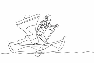 Single continuous line drawing young astronaut sailing away on boat with megaphone. Command control room for space mission analysis. Cosmonaut deep space. One line graphic design vector illustration