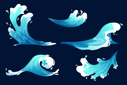 Water splash, vfx game cartoon video effects set. Cartoon blue ocean or sea stream with drops and splatters, fx storyboard Vector illustration